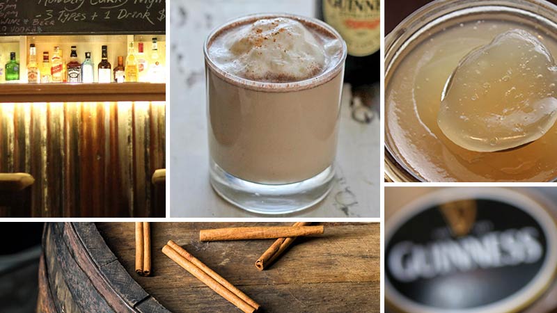 Guinness Punch Recipe with sea moss gel and cinnamon. This image shows a collage of shots related to Guinness Punch including a softly light bar with a dark but warm feel, a glass of Guinness Punch, a jar with sea moss gel in it that has a spoon scooping a portion out, a section of an oak barrel with cinnamon quills sitting on top of it, and a blurred out Guinness tap head logo at a bar