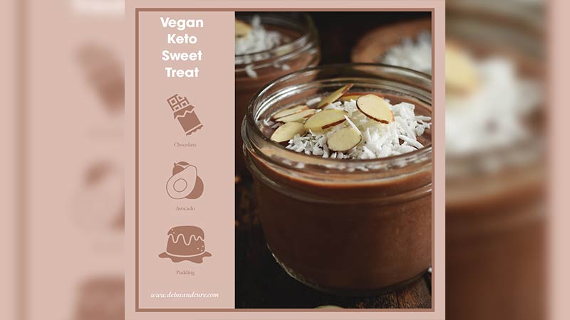 Avocado Chocolate Pudding is a Keto Sweet Treat. Image of vegan keto avocado mouse in a mason jar topped with slivered almonds