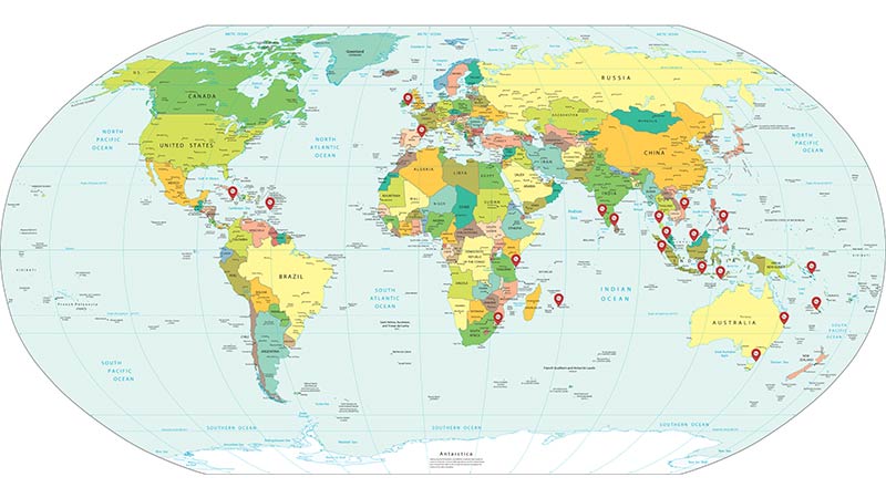 Sea-Moss-Ultimate-Guide-How-to-get-The-Best-in-2020 map of the world which shows with red pins where we have been in communication with Seaweed Farmers evaluating their operations