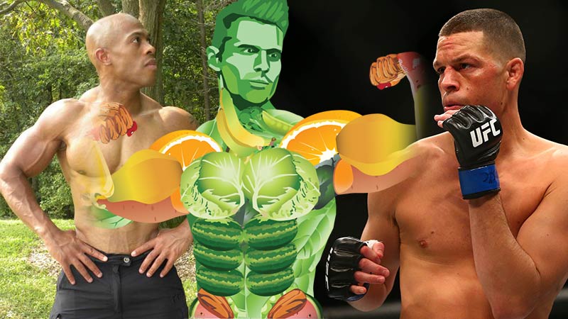 Dr. Nun Amen Ra, Nate Diaz and Vegan Muscle Man holding strong man poses