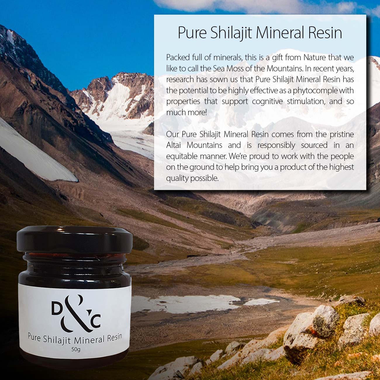 Shilajit gut health explanation of what Shilajit is and where it comes from. This image contains a jar of Detox And Cure Shilajit Resin set in front of a panoramic photograph of the snow-capped Altai Mountains