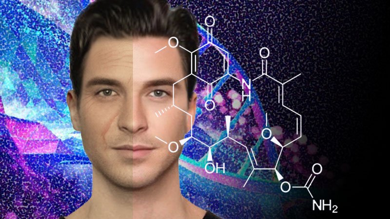 How to Look Younger Naturally with Shilajit - image of a male with an aged profile on the left and a younger profile on the right. Behind the face is an artistic representation of DNA and a molecular schematic of a molecular representation of geldanamycin