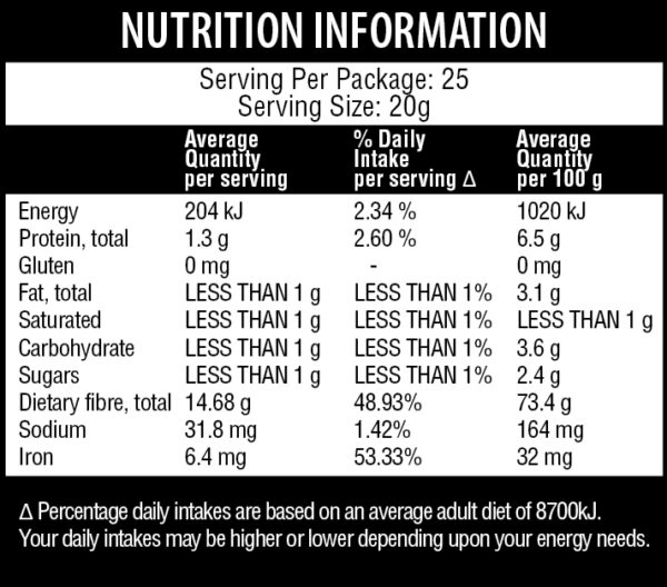 Qenda Ultimate Fibre Original Nutritional Information Panel