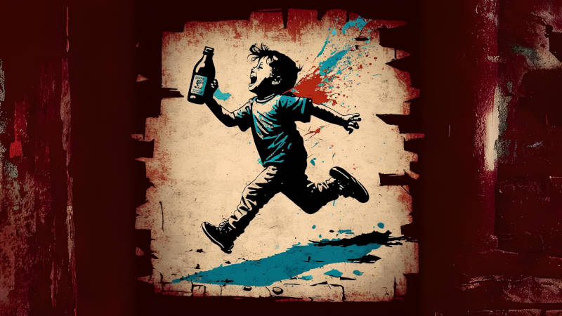 Sodium Benzoate - child running with a soda bottle in the style of Banksy