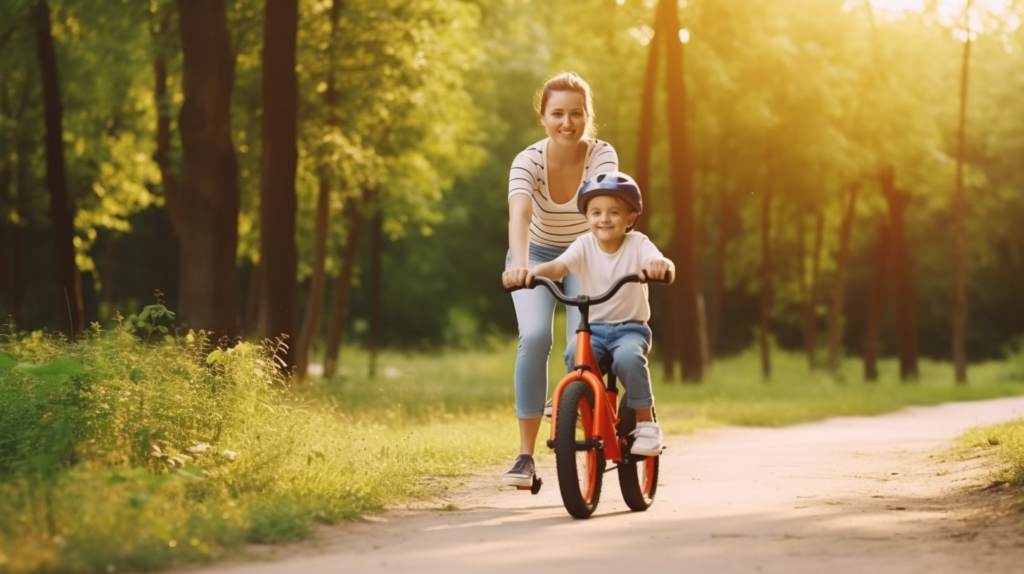 Herbs for kids with anxiety and their parents - Proud mother teaching her son how to ride a bicycle